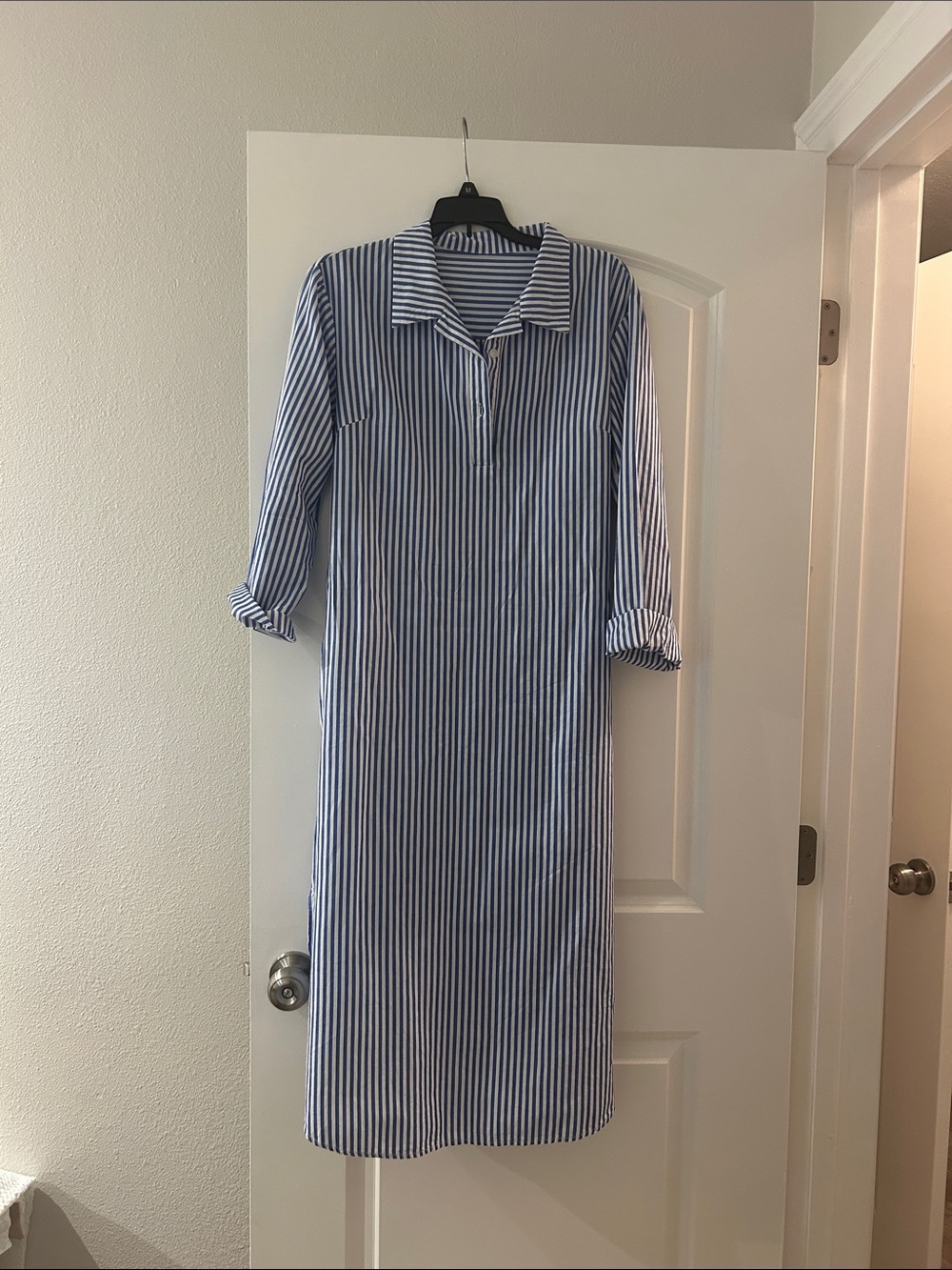 💯 Cotton Blue and White Striped Midi Shirt Dress